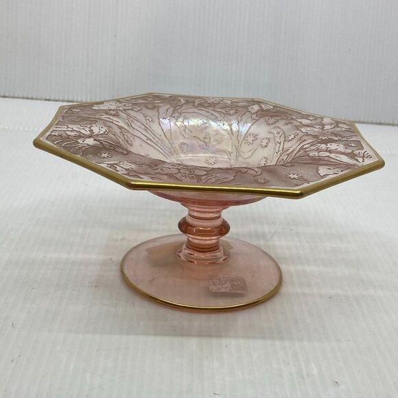 Iridized Fostoria Pink Brocaded daffodils Carnival Glass Bon Bon Dish Gold - Picture 1 of 4